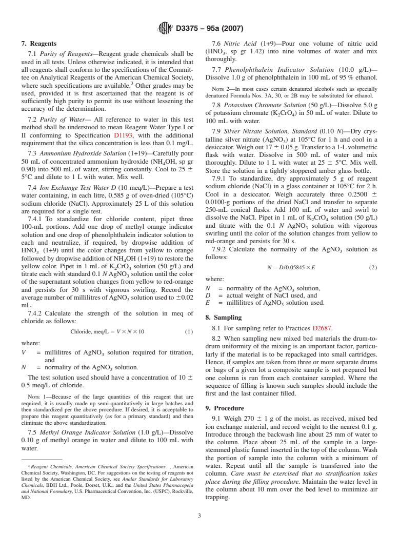 ASTM D3375-95a(2007) - Standard Test Method for  Column Capacity of Particulate Mixed Bed Ion<br> Exchange Materials (Withdrawn 2016)