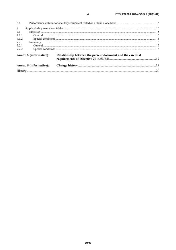 SIST EN 301 489-4 V3.3.1:2021 ETSI EN 301 489-4 V3.3.1 (2021-02) - ElectroMagnetic Compatibility (EMC) standard for radio equipment and services; Part 4: Specific conditions for fixed radio links and ancillary equipment; Harmonised Standard for ElectroMagnetic Compatibility - Page 4 preview