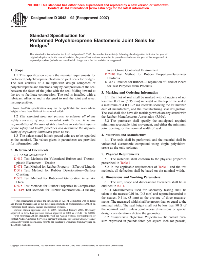 ASTM D3542-92(2007) - Standard Specification for Preformed Polychloroprene Elastomeric Joint Seals for Bridges