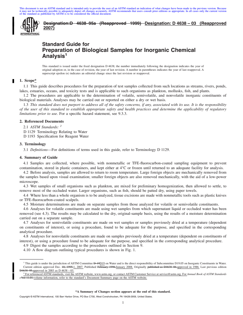 REDLINE ASTM D4638-03(2007) - Standard Guide for  Preparation of Biological Samples for Inorganic Chemical Analysis