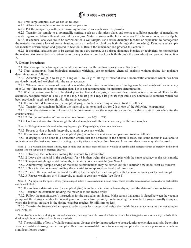 REDLINE ASTM D4638-03(2007) - Standard Guide for  Preparation of Biological Samples for Inorganic Chemical Analysis