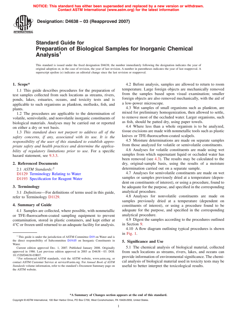 ASTM D4638-03(2007) - Standard Guide for  Preparation of Biological Samples for Inorganic Chemical Analysis