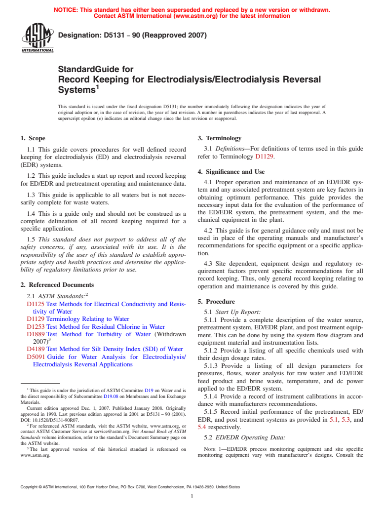 ASTM D5131-90(2007) - Standard Guide for Record Keeping for Electrodialysis/Electrodialysis Reversal Systems