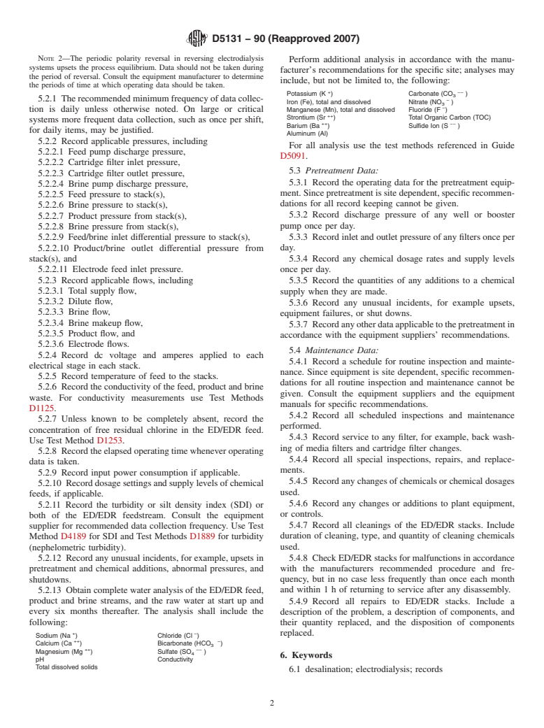 ASTM D5131-90(2007) - Standard Guide for Record Keeping for Electrodialysis/Electrodialysis Reversal Systems