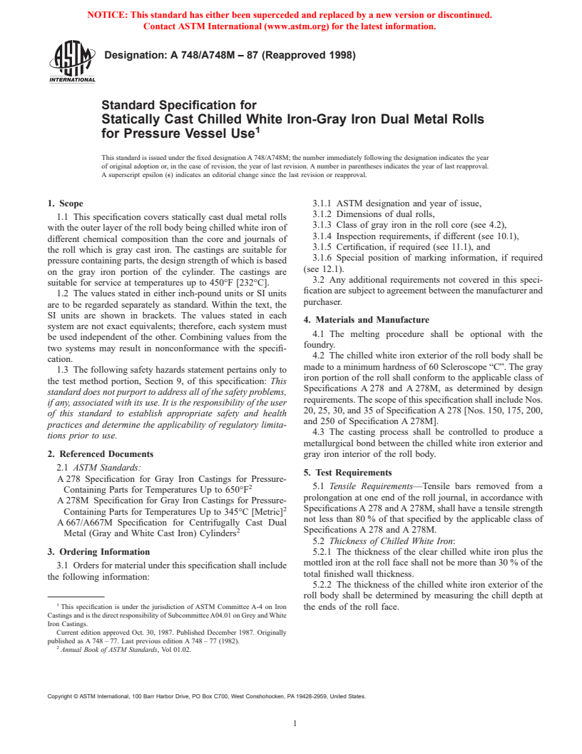 ASTM A748/A748M-87(1998) - Standard Specification for Statically Cast Chilled White Iron-Gray Iron Dual Metal Rolls for Pressure Vessel Use