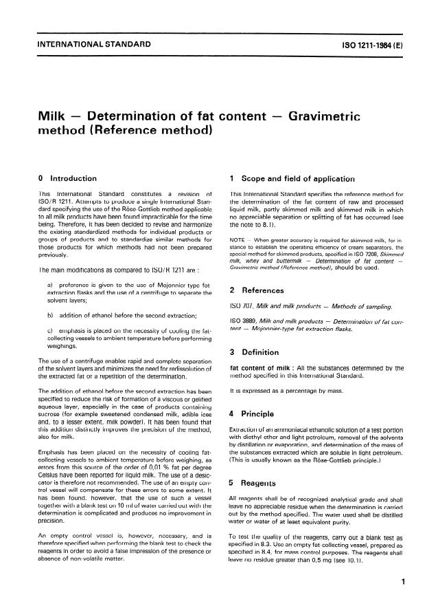 ISO 1211:1984 - Milk -- Determination of fat content -- Gravimetric method (Reference method)