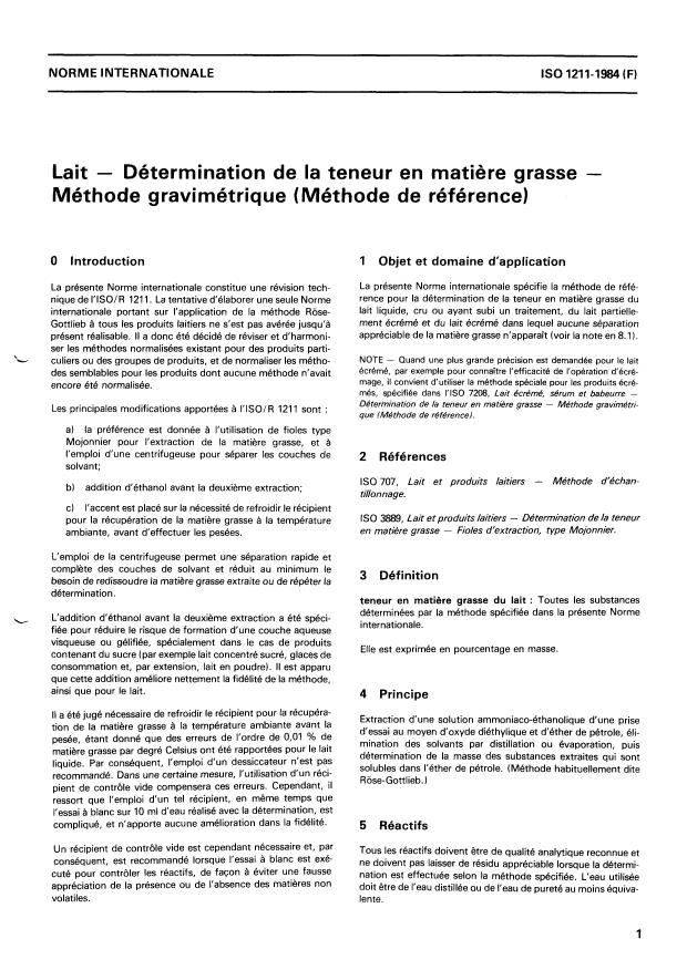 ISO 1211:1984 - Lait -- Détermination de la teneur en matiere grasse -- Méthode gravimétrique (Méthode de référence)