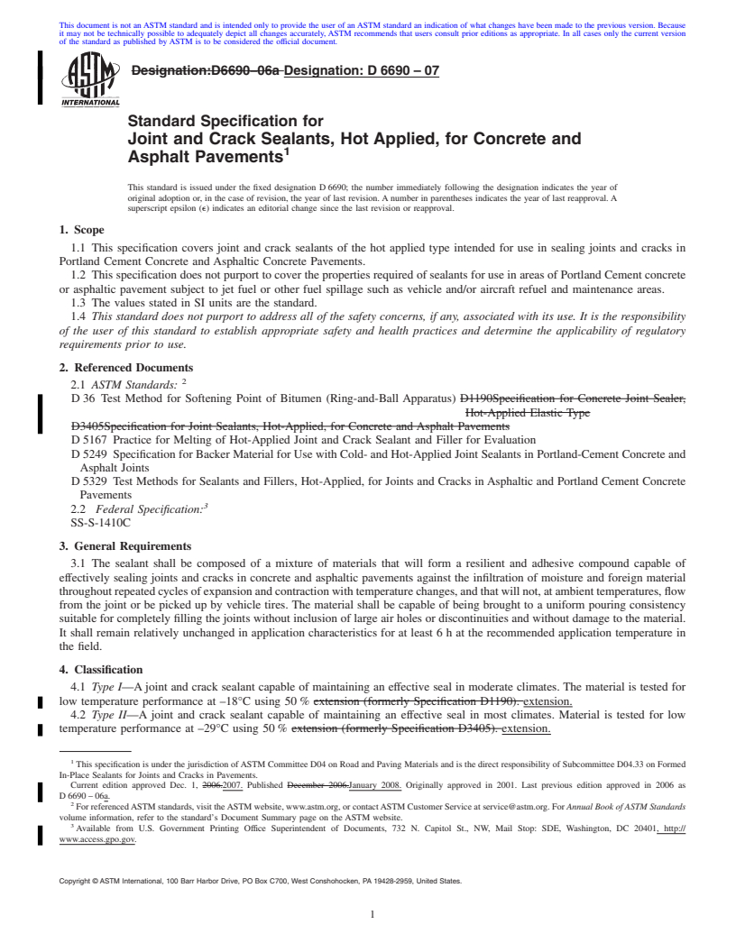 REDLINE ASTM D6690-07 - Standard Specification for Joint and Crack Sealants, Hot Applied, for Concrete and Asphalt Pavements