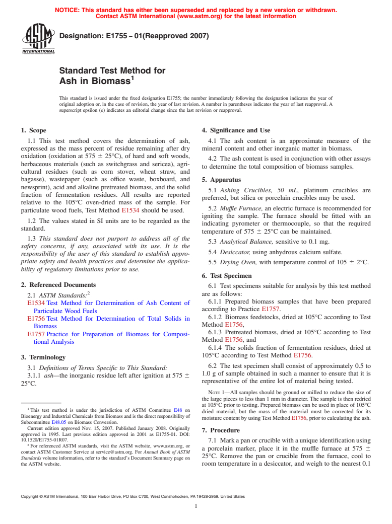 ASTM E1755-01(2007) - Standard Test Method for  Ash in Biomass