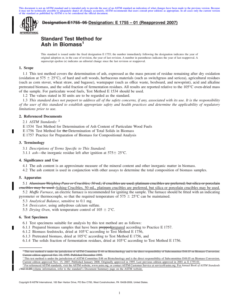 REDLINE ASTM E1755-01(2007) - Standard Test Method for  Ash in Biomass