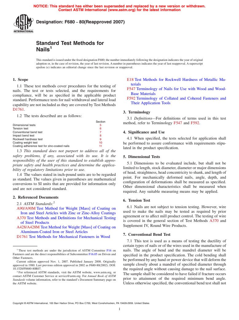 ASTM F680-80(2007) - Standard Test Methods for  Nails