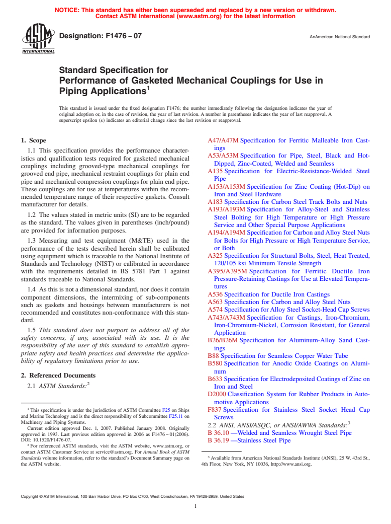 ASTM F1476-07 - Standard Specification for Performance of Gasketed Mechanical Couplings for Use in Piping Applications