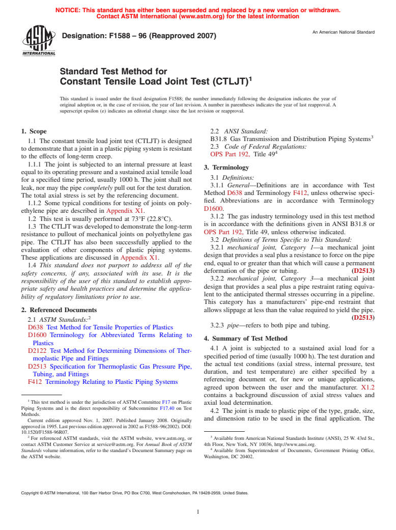 ASTM F1588-96(2007) - Standard Test Method for  Constant Tensile Load Joint Test (CTLJT)