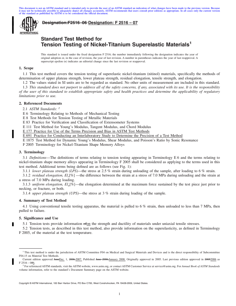 REDLINE ASTM F2516-07 - Standard Test Method for Tension Testing of Nickel-Titanium Superelastic Materials