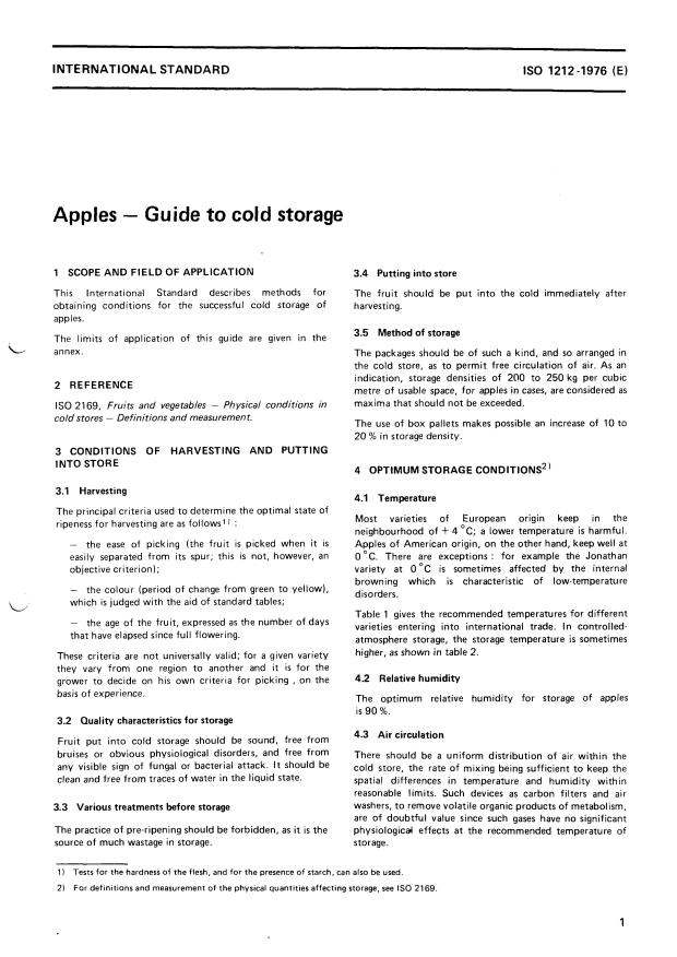 ISO 1212:1976 - Apples -- Guide to cold storage