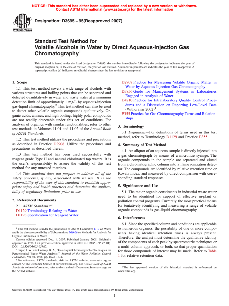 ASTM D3695-95(2007) - Standard Test Method for  Volatile Alcohols in Water by Direct Aqueous-Injection Gas Chromatography