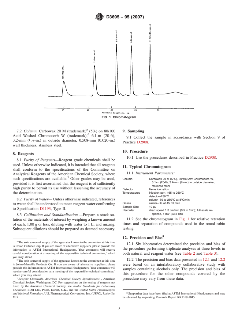 ASTM D3695-95(2007) - Standard Test Method for  Volatile Alcohols in Water by Direct Aqueous-Injection Gas Chromatography