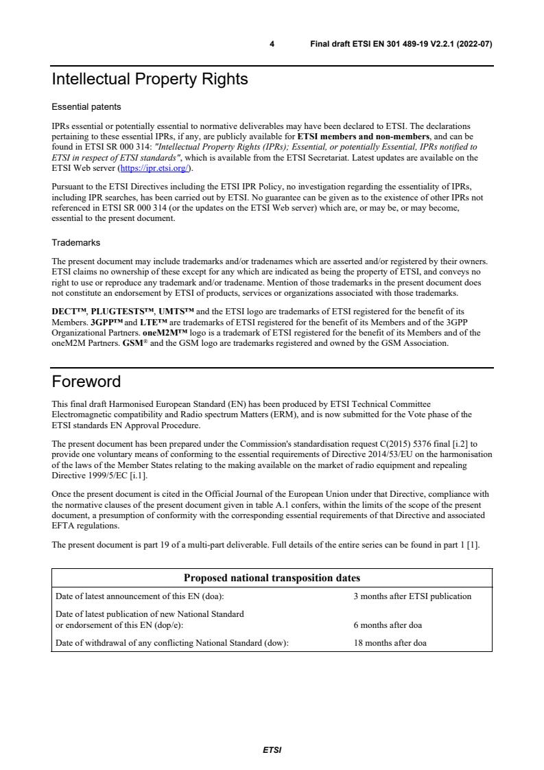 SIST EN 301 489-19 V2.2.1:2022 ETSI EN 301 489-19 V2.2.1 (2022-07) - ElectroMagnetic Compatibility (EMC) standard for radio equipment and services; Part 19: Specific conditions for Receive Only Mobile Earth Stations (ROMES) operating in the 1,5 GHz band providing data communications and GNSS receivers operating in the RNSS band providing positioning, navigation, and timing data; Harmonised Standard for ElectroMagnetic Compatibility - Page 4 preview