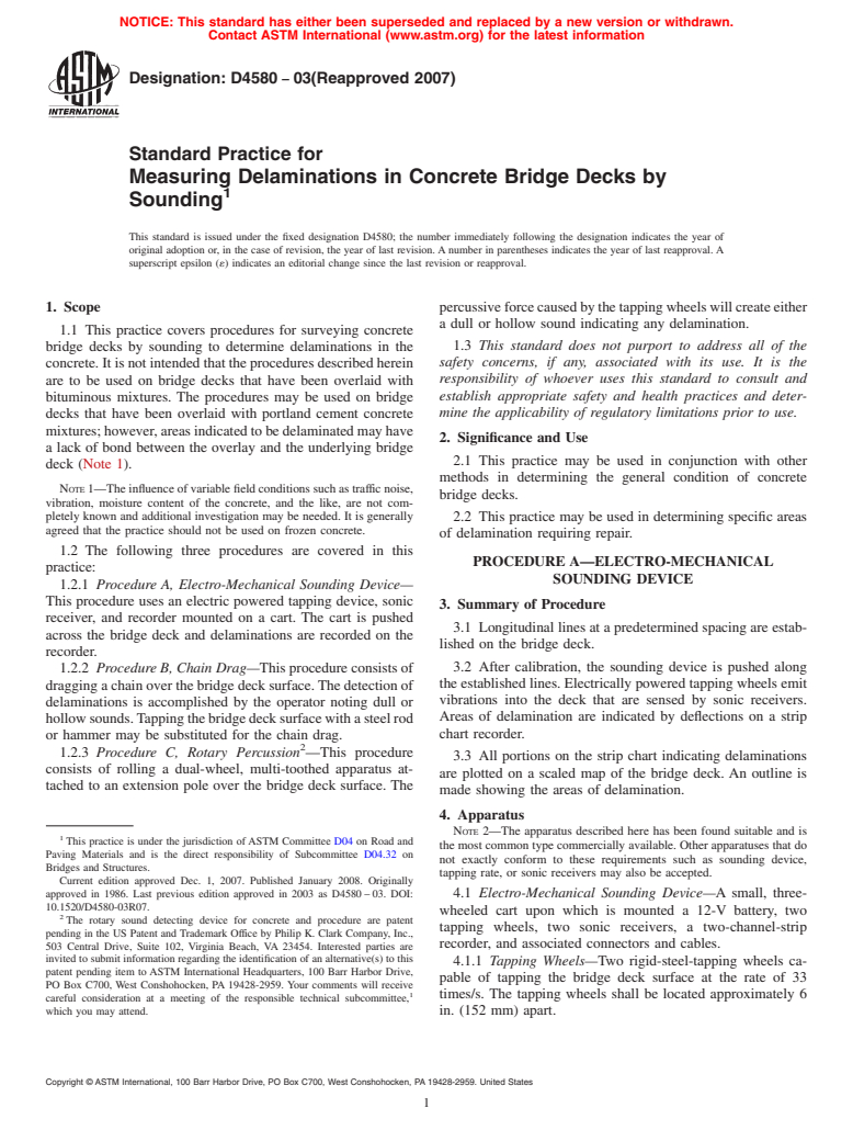 ASTM D4580-03(2007) - Standard Practice for  Measuring Delaminations in Concrete Bridge Decks by Sounding