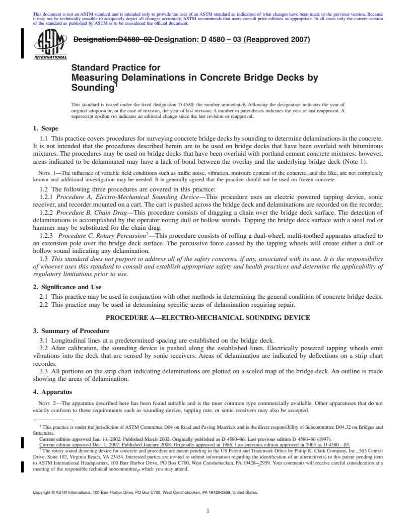 REDLINE ASTM D4580-03(2007) - Standard Practice for  Measuring Delaminations in Concrete Bridge Decks by Sounding