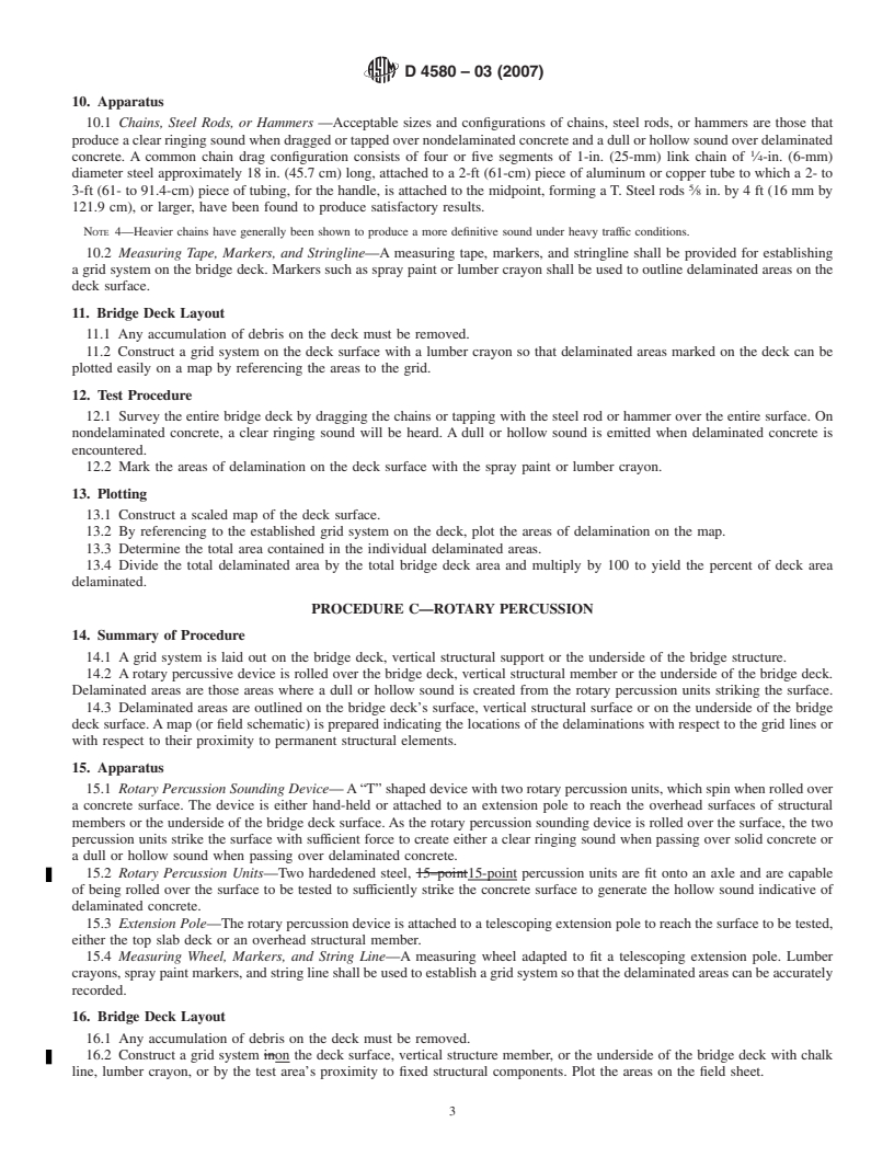 REDLINE ASTM D4580-03(2007) - Standard Practice for  Measuring Delaminations in Concrete Bridge Decks by Sounding