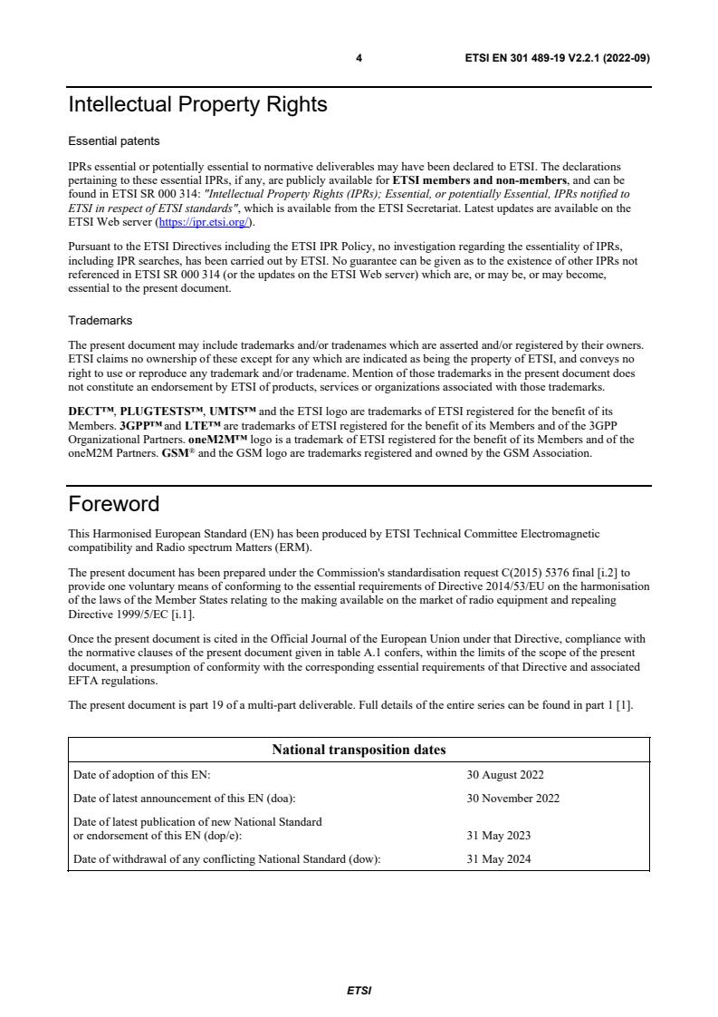 SIST EN 301 489-19 V2.2.1:2022 ETSI EN 301 489-19 V2.2.1 (2022-09) - ElectroMagnetic Compatibility (EMC) standard for radio equipment and services; Part 19: Specific conditions for Receive Only Mobile Earth Stations (ROMES) operating in the 1,5 GHz band providing data communications and GNSS receivers operating in the RNSS band providing positioning, navigation, and timing data; Harmonised Standard for ElectroMagnetic Compatibility - Page 4 preview