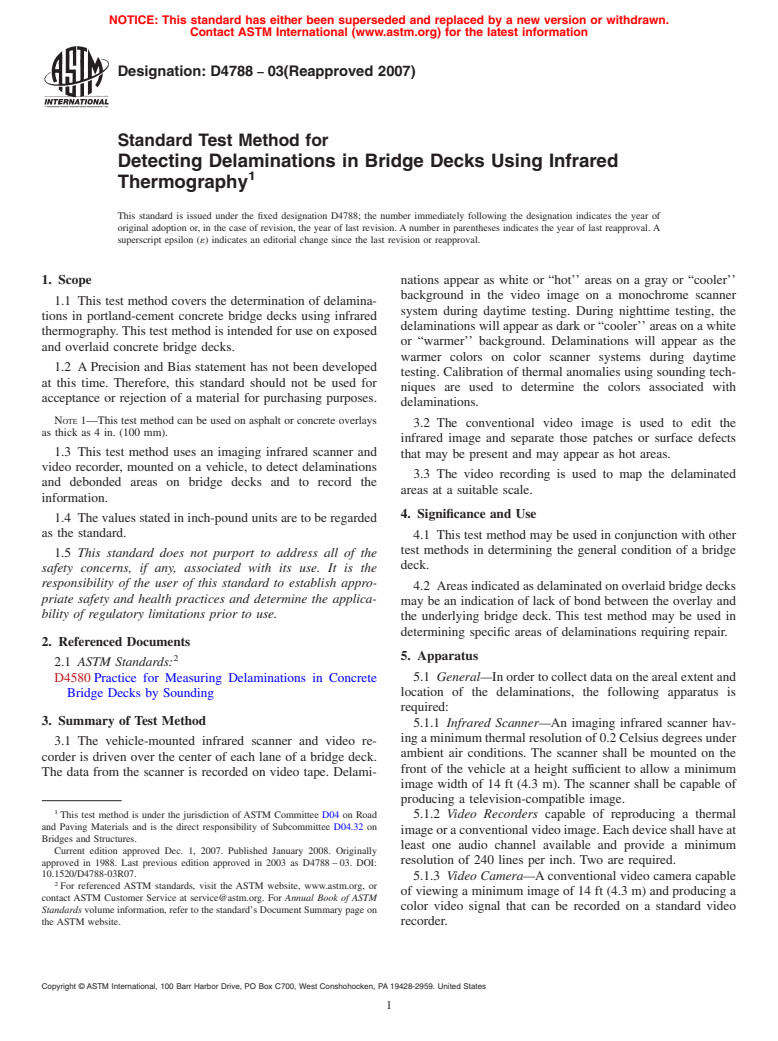 ASTM D4788-03(2007) - Standard Test Method for Detecting Delaminations in Bridge Decks Using Infrared Thermography