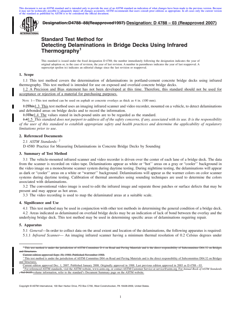 REDLINE ASTM D4788-03(2007) - Standard Test Method for Detecting Delaminations in Bridge Decks Using Infrared Thermography