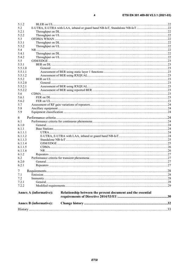 SIST EN 301 489-50 V2.3.1:2021 ETSI EN 301 489-50 V2.3.1 (2021-03) - ElectroMagnetic Compatibility (EMC) standard for radio equipment and services; Part 50: Specific conditions for Cellular Communication Base Station (BS), repeater and ancillary equipment; Harmonised Standard for ElectroMagnetic Compatibility - Page 4 preview