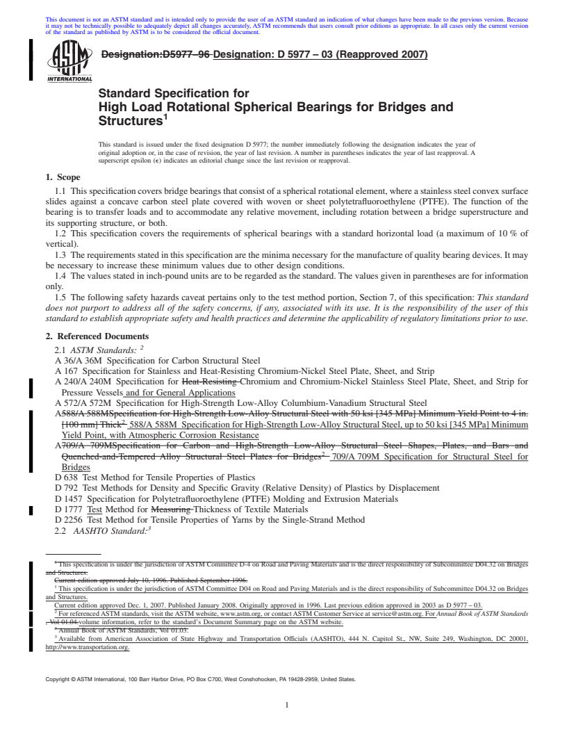 REDLINE ASTM D5977-03(2007) - Standard Specification for  High Load Rotational Spherical Bearings for Bridges and Structures