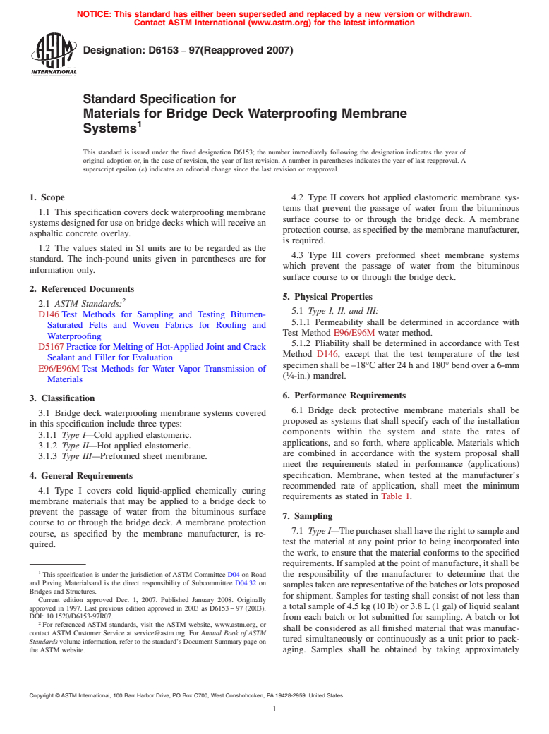 ASTM D6153-97(2007) - Standard Specification for Materials for Bridge Deck Waterproofing Membrane Systems