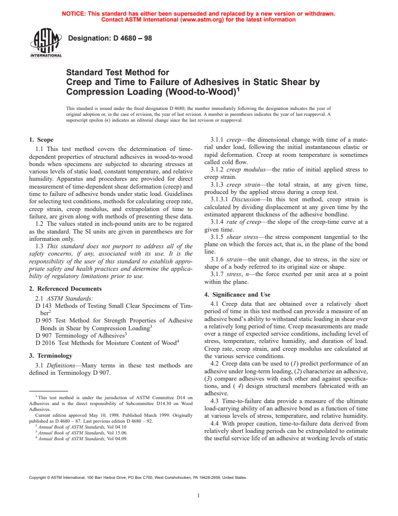 ASTM D4680-98 - Standard Test Method for Creep and Time to Failure of Adhesives in Static Shear by Compression Loading (Wood-to-Wood)