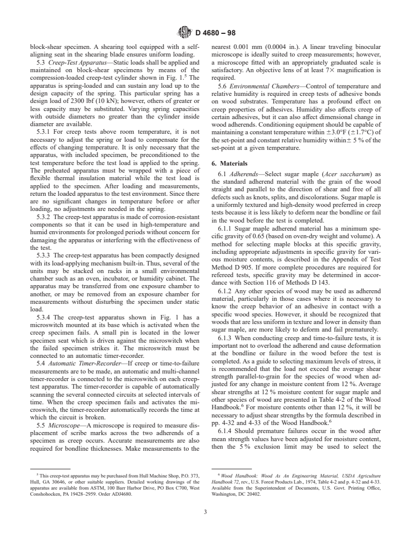 ASTM D4680-98 - Standard Test Method for Creep and Time to Failure of Adhesives in Static Shear by Compression Loading (Wood-to-Wood)