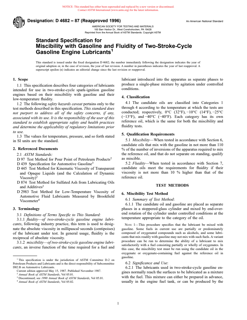 ASTM D4682-87(1996) - Standard Specification for Miscibility with Gasoline and Fluidity of Two-Stroke-Cycle Gasoline Engine Lubricants