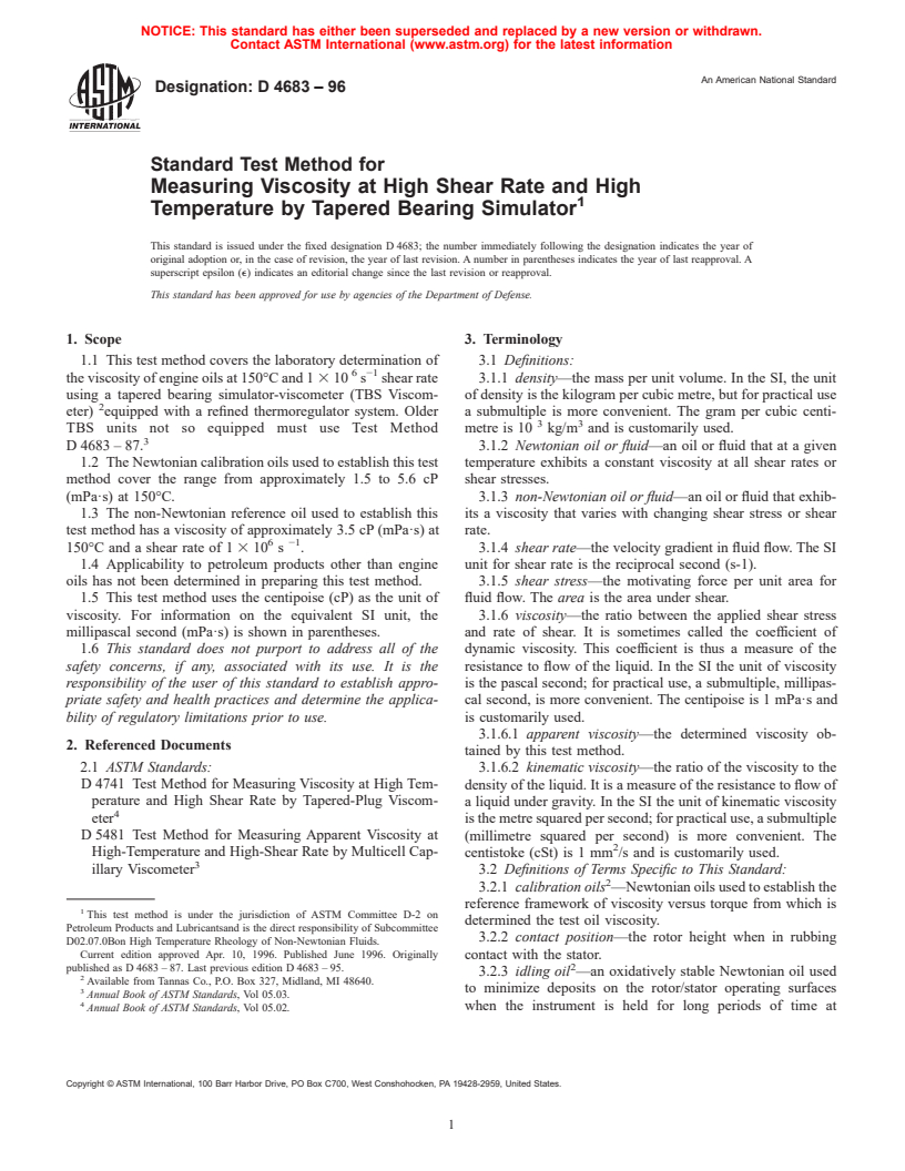 ASTM D4683-96 - Standard Test Method for Measuring Viscosity at High Shear Rate and High Temperature by Tapered Bearing Simulator