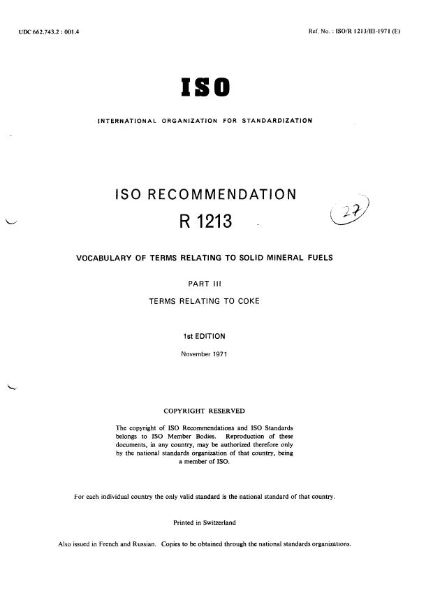 ISO/R 1213-3:1971 - Vocabulary of terms relating to solid mineral fuels