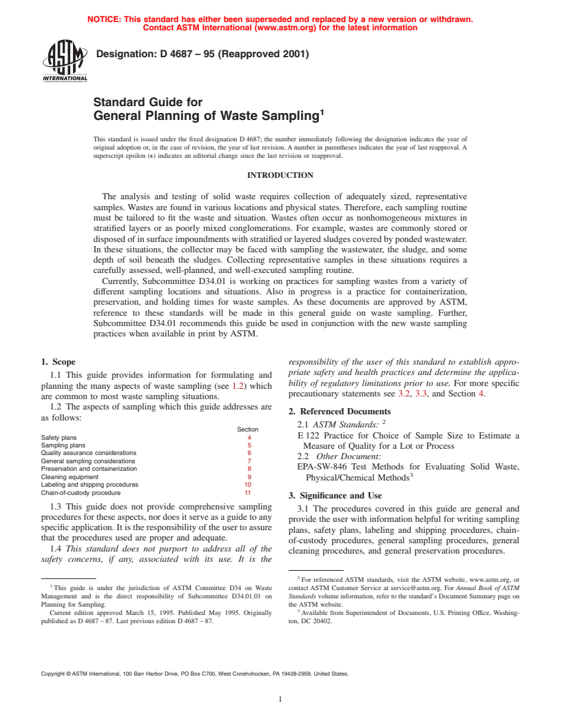 ASTM D4687-95(2001) - Standard Guide for General Planning of Waste Sampling