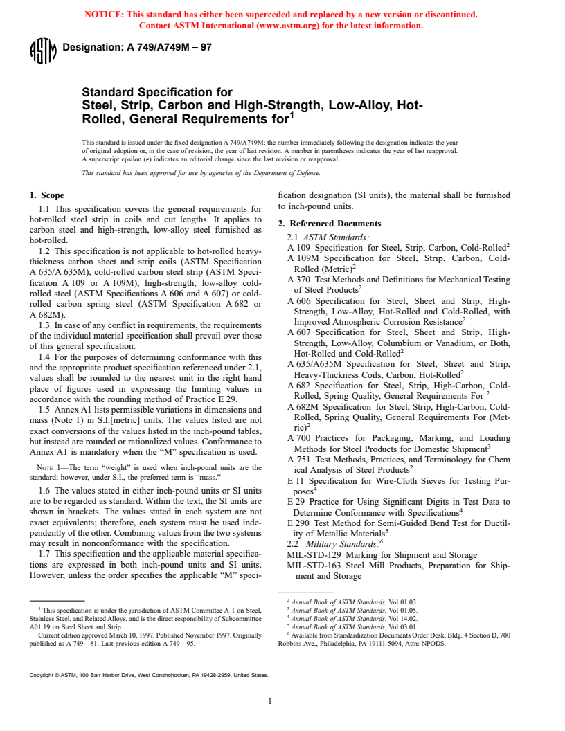 ASTM A749/A749M-97 - Standard Specification for Steel, Strip, Carbon and High-Strength, Low-Alloy, Hot-Rolled, General Requirements for