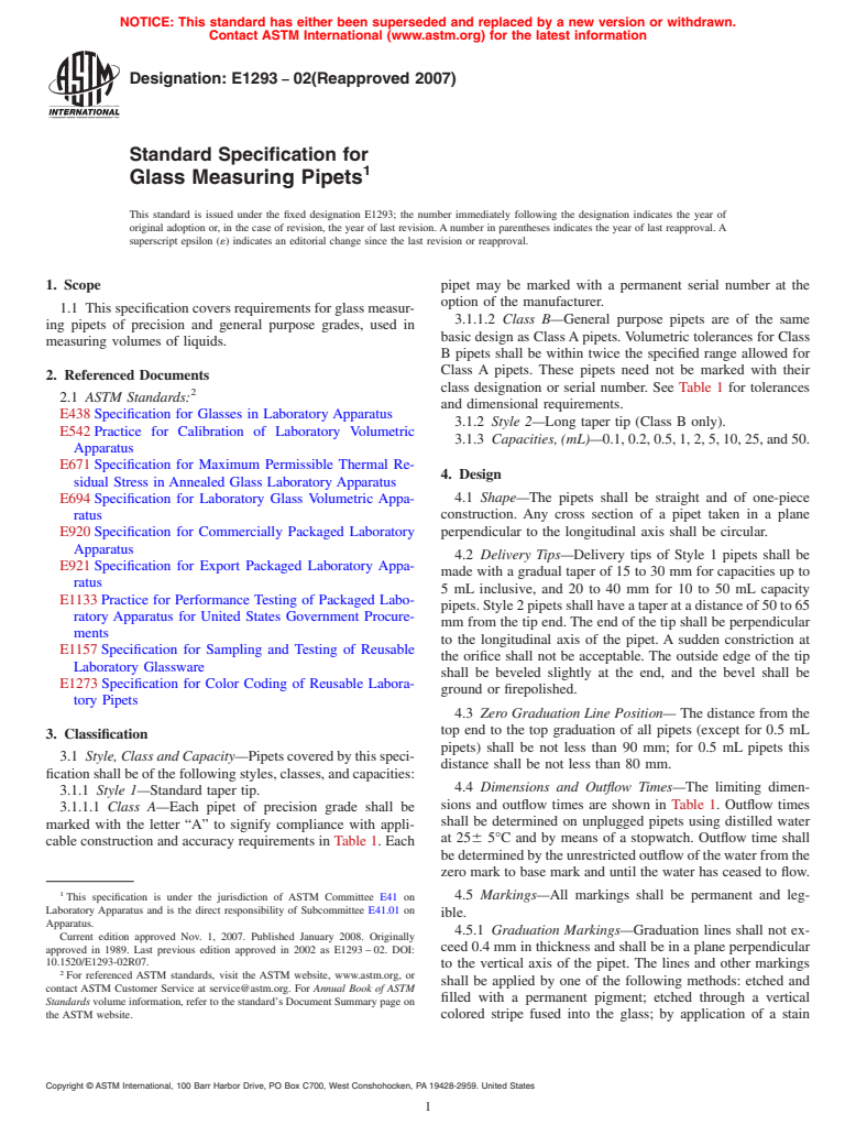 ASTM E1293-02(2007) - Standard Specification for Glass Measuring Pipets