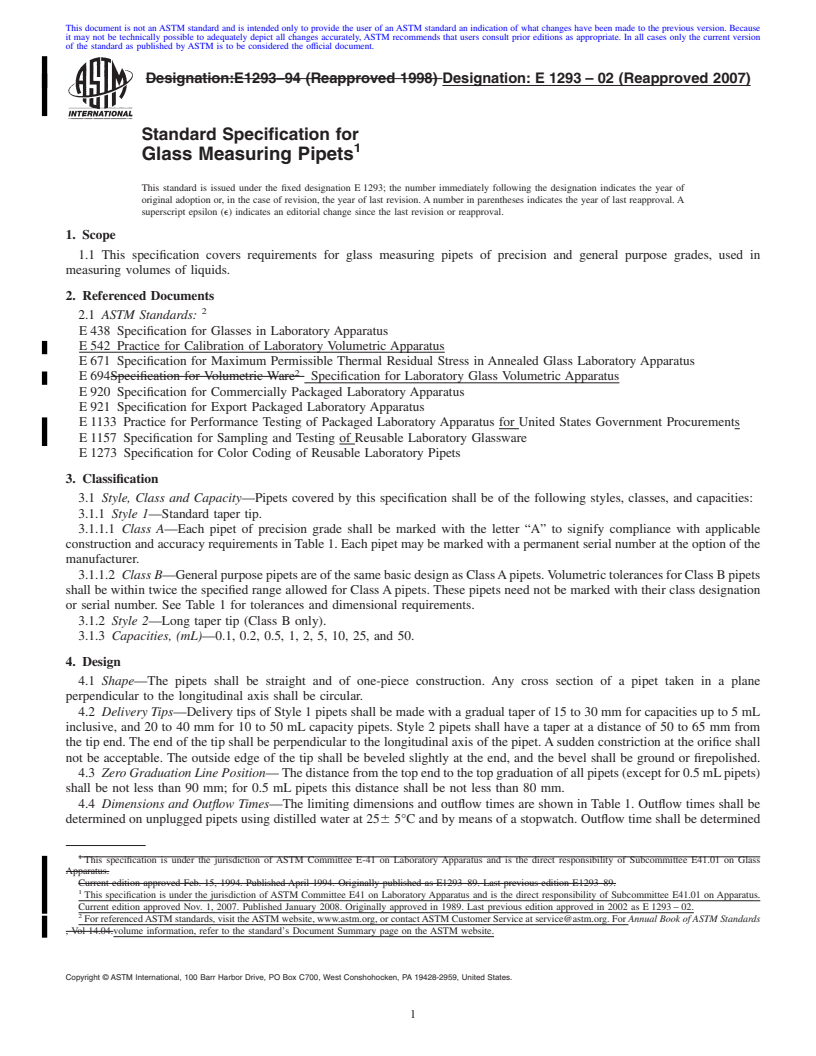 REDLINE ASTM E1293-02(2007) - Standard Specification for Glass Measuring Pipets