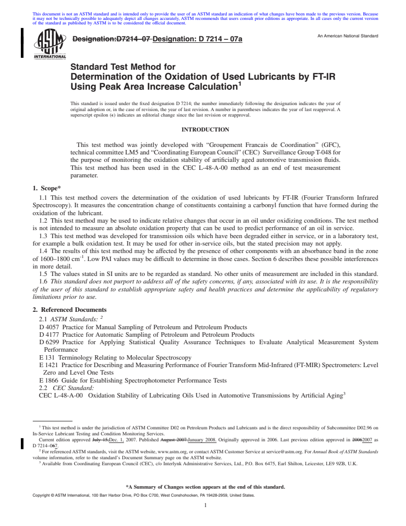 REDLINE ASTM D7214-07a - Standard Test Method for Determination of the Oxidation of Used Lubricants by FT-IR Using Peak Area Increase Calculation