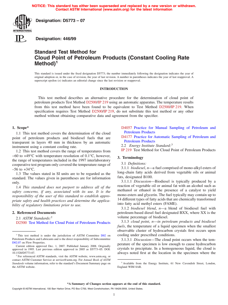 ASTM D5773-07 - Standard Test Method for Cloud Point of Petroleum Products (Constant Cooling Rate Method)