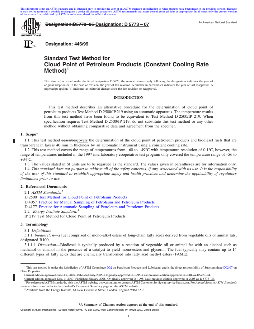 REDLINE ASTM D5773-07 - Standard Test Method for Cloud Point of Petroleum Products (Constant Cooling Rate Method)