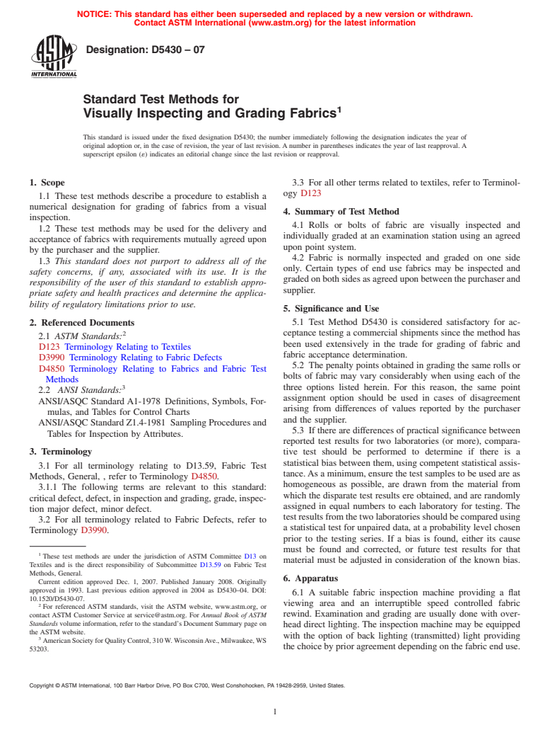 ASTM D5430-07 - Standard Test Methods for  Visually Inspecting and Grading Fabrics