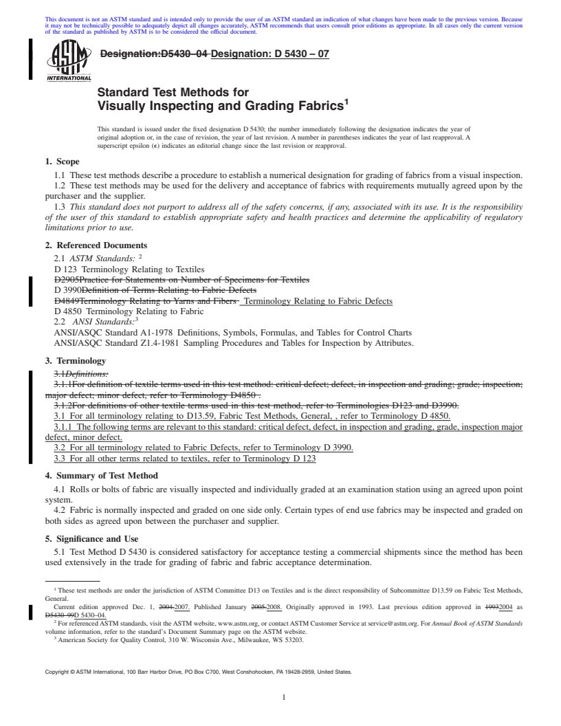 REDLINE ASTM D5430-07 - Standard Test Methods for  Visually Inspecting and Grading Fabrics