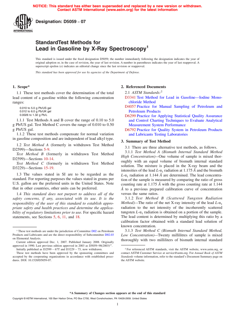 ASTM D5059-07 - Standard Test Methods for Lead in Gasoline by X-Ray Spectroscopy