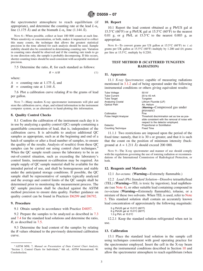 ASTM D5059-07 - Standard Test Methods for Lead in Gasoline by X-Ray Spectroscopy