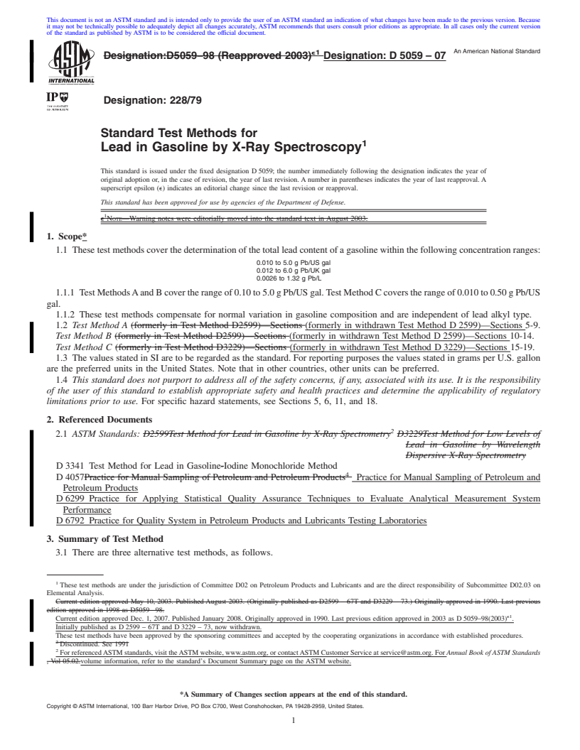 REDLINE ASTM D5059-07 - Standard Test Methods for Lead in Gasoline by X-Ray Spectroscopy