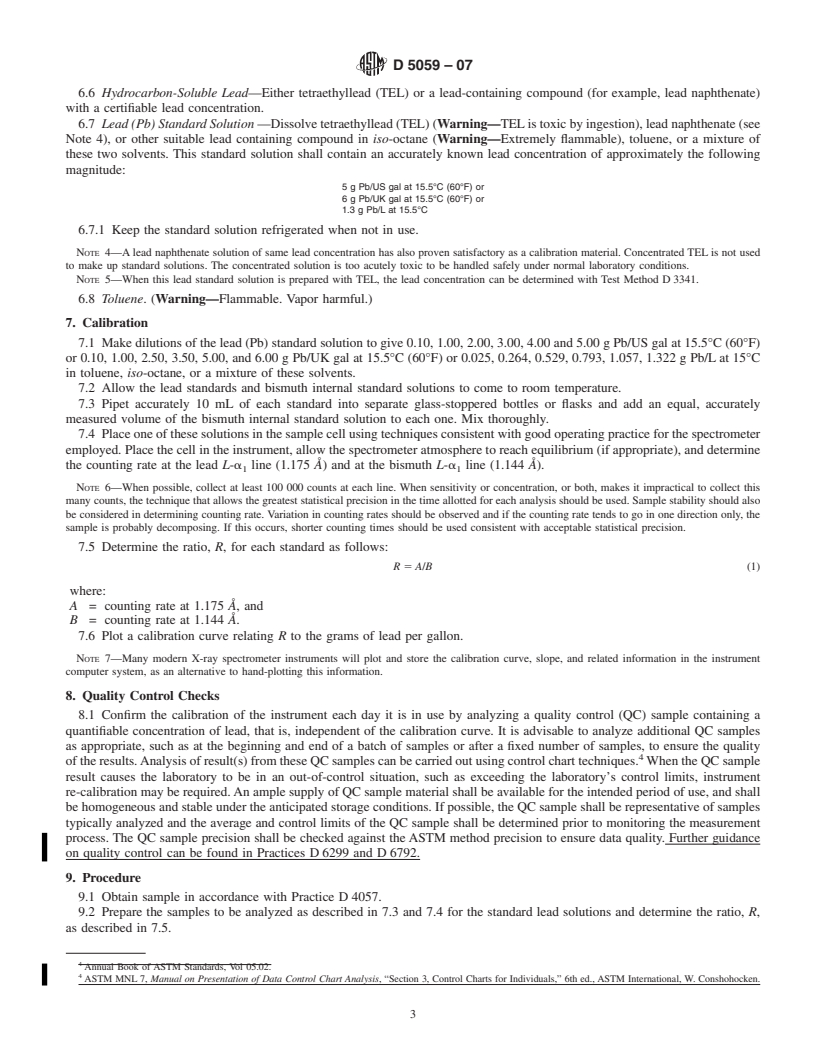 REDLINE ASTM D5059-07 - Standard Test Methods for Lead in Gasoline by X-Ray Spectroscopy