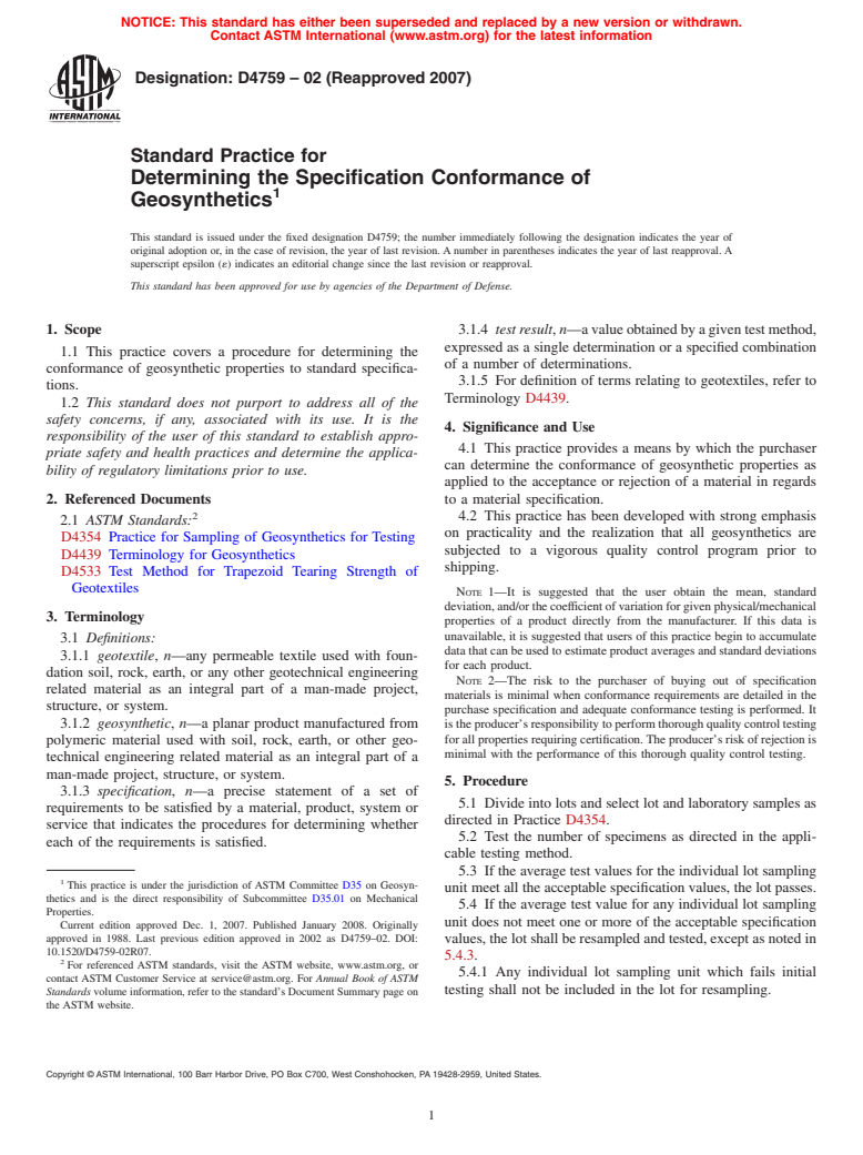 ASTM D4759-02(2007) - Standard Practice for  Determining the Specification Conformance of Geosynthetics